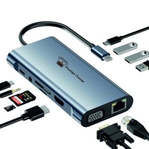 HUB USB-C 11 in 1, PRESTIGE CHARGE,  HDMI 4K, VGA, Ethernet 1000, PD 100W, 3*USB 3.0 5Gbps, USB-C, Audio Jack 3.5mm si cititor card SD/TF, Aluminiu