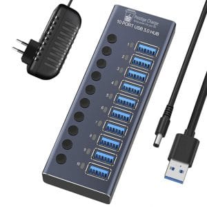 Hub USB 10 in 1 PRESTIGE CHARGE cu Buton ON/OFF, Aluminiu, 10 x USB 3.0 5Gbps, Alimentator 72W Inclus
