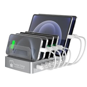 Statie Incarcare Rapida GaN 72W 6in1 PRESTIGE CHARGE, 2 x USB-C PD, 1 x USB QC 3.0 si 3 x USB, Compatibila Telefon/Tableta, Protectii Avansate, Argint