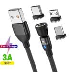 Cablu incarcare magnetic 3 in 1 PRESTIGE CHARGE, FastCharge QC 3.0 18W, USB la Type C, Lightning, Micro-USB, Rotire 180-360°, Negru, 2m