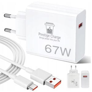 Incarcator Retea TurboCharge 67W, PRESTIGE CHARGE, Iesire USB, pentru Xiaomi, RedMi, BlackShark, Cablu USB la USB-C 6A Inclus, 1m, Alb