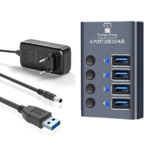 Hub USB 4 in 1 PRESTIGE CHARGE cu Buton ON/OFF, Aluminiu, 4 x USB 3.0 5Gbps, Alimentator 36W Inclus