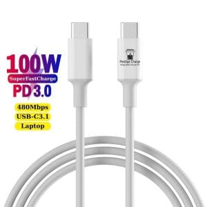 Cablu USB-C la USB-C 100W PD 3.0, PRESTIGE CHARGE, Transfer Date si Incarcare SuperFastCharge 2.0, Pentru Laptop/Telefon/Tableta, 1m, Alb