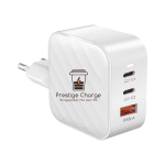 Incarcator Retea GaN TrioMini 65W PRESTIGE CHARGE, 2 x USB-C PD + USB QC 3.0, Incarcare Simultana 3 Dispozitive, Design Compact, pentru Laptop si Tele