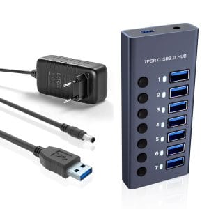 Hub USB 7 in 1 PRESTIGE CHARGE cu Buton ON/OFF, Aluminiu, 7 x USB 3.0 5Gbps, Alimentator 36W Inclus