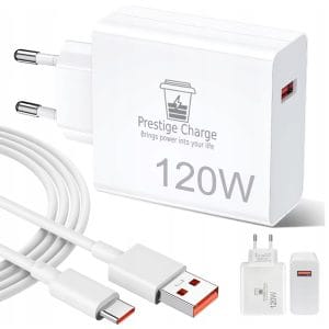 Incarcator Retea TurboCharge 120W, PRESTIGE CHARGE, Iesire USB, pentru Xiaomi, RedMi, BlackShark, Cablu USB la USB-C 6A Inclus, 1m, Alb