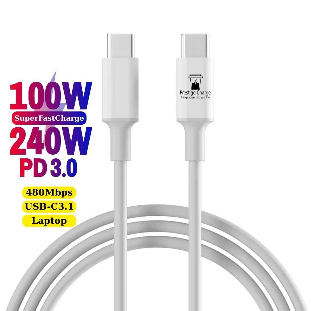 Cablu USB-C la USB-C 240W PD 3.1, PRESTIGE CHARGE, Transfer Date si Incarcare SuperFastCharge 2.0, Pentru Laptop/Telefon/Tableta, 2m, Alb