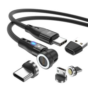 Cablu incarcare magnetic 6 in 1 PRESTIGE CHARGE, SuperFastCharge PD 60W, USB si USB-C la Type C, Lightning, Micro-USB, Rotire 180-360°, Negru, 2m