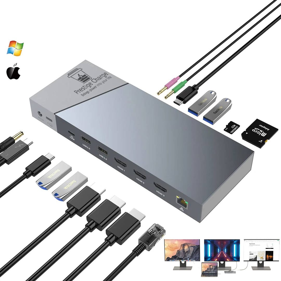 HUB USB C 16 in 1, PRESTIGE CHARGE, 3 x HDMI 4K, LAN Gigabit, PD 100W, USB-C 3.2, 2* USB 3.2 5 Gbps, Jack 3.5 mm, SD/MicroSD Card, Docking Station Pre