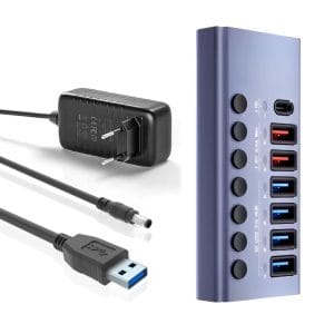 Hub USB 7 in 1 PRESTIGE CHARGE cu Buton ON/OFF, Aluminiu, 4 x USB 3.0 5Gbps + 1 x USB-C PD 20W, 2 x USB QC 3.0 pentru Incarcare, Alimentator 36W Inclu