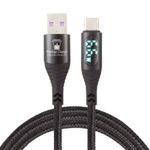 Cablu USB la USB-C PRESTIGE CHARGE, Transfer Date si Incarcare FastCharge 60W, cu Display, Compatibil Telefon, Tableta, Textil Premium, 1m, Negru