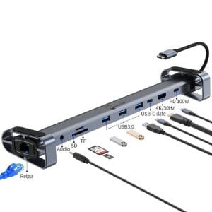HUB USB-C 10 in 1 cu stand laptop, PRESTIGE CHARGE, HDMI 4K, Ethernet RJ45, USB-C PD 100W, 3 x USB 3.0 5Gbps, USB-C, Audio Jack 3.5mm, cititor card SD