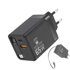 Incarcator Retea GaN TrioMini-R, PRESTIGE CHARGE, 65W SuperFastCharge 2.0, Cablu Retractabil , PD 65W + QC 3.0, Incarcare Simultana Laptop si Telefon/