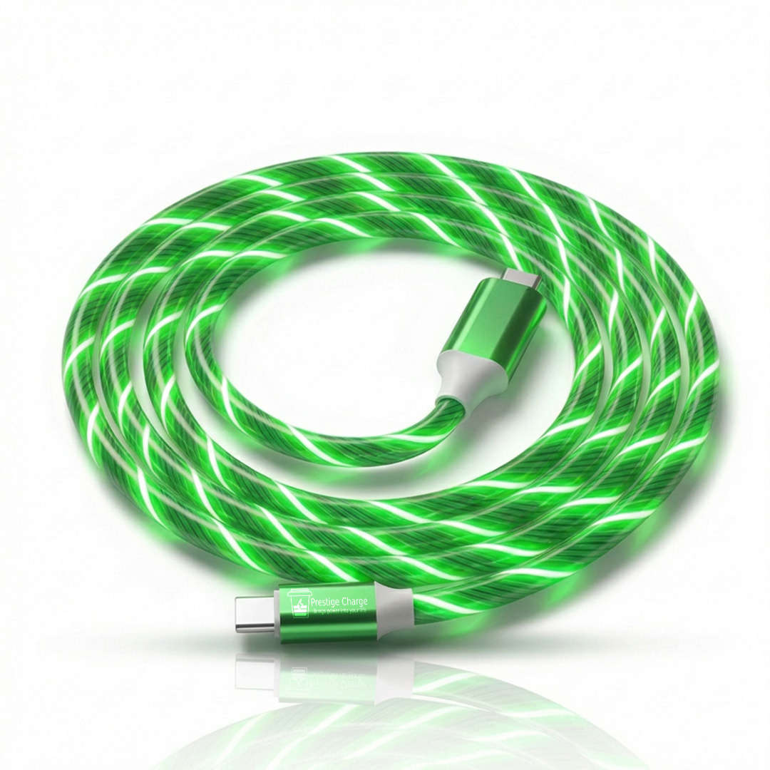 Cablu Date si Incarcare USB-C la USB-C, PRESTIGE CHARGE®, LED Luminos Verde, PD 60W Fast Charge, Universal, Compatibil CarPlay, AndroidAuto, Apple, iP