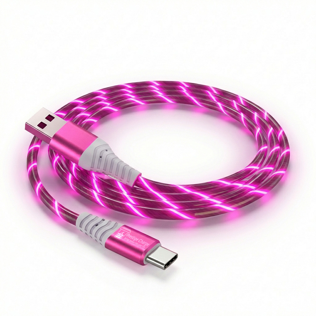 Cablu Date si Incarcare USB-A la USB-C, PRESTIGE CHARGE®, LED Luminos Roz, 18W, 480 Mbps, Universal, Compatibil, Apple, iPhone, Samsung, Android, Type