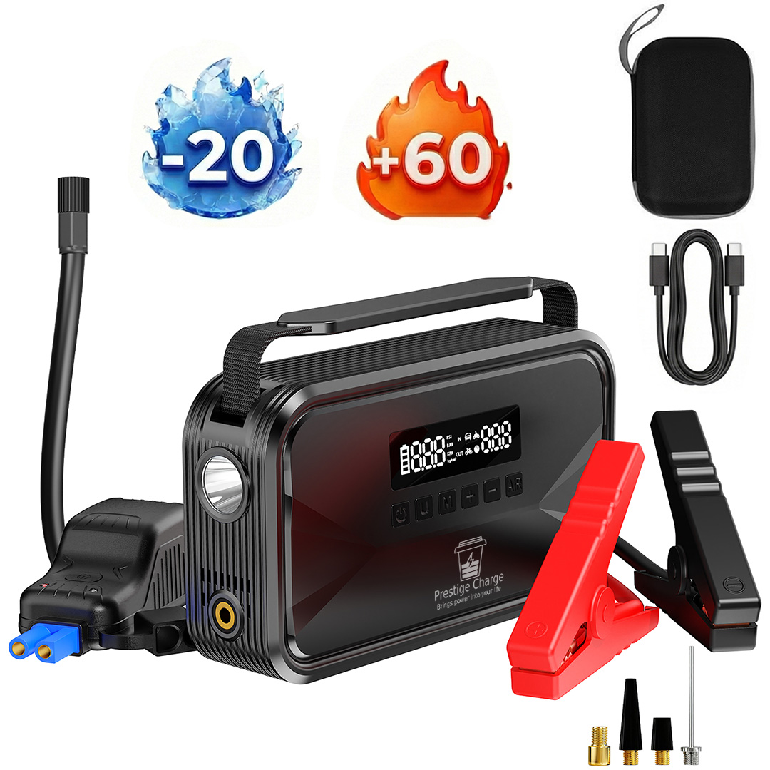 Starter Auto Jump Starter 2000A, PRESTIGE CHARGE®, Compresor Aer 4-in-1, Power Bank 10000mAh, Incarcare Rapida PD 45W, Lanterna, Kit Urgenta 12V Benzi