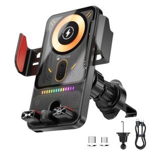 Suport Auto cu Incarcare Wireless 15W + Magnetica Rapida 66W, PRESTIGE CHARGE®, USB-C Micro-USB, Senzor Infrarosu Deschidere Automata, Rotire Electric