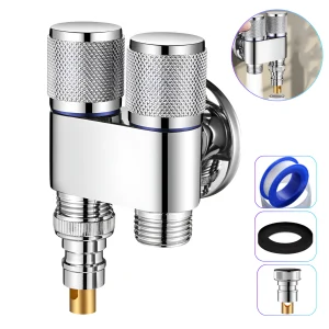 Robinet Unghiular Dublu 2 In 1, Inlet Unic, Doua Iesiri, Control Dublu Independent, Otel Inoxidabil, Finisaj Lucios, Compact, Baie, Bucatarie, Cromat