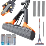 Mop 38cm cu 3 Bureti Super Absorbanti, 38cm latime, Maner Telescopic, 3 Rezerve Incluse, Sistem Stoarcere Automat Hands-Free, Curatare Rapida si Efici